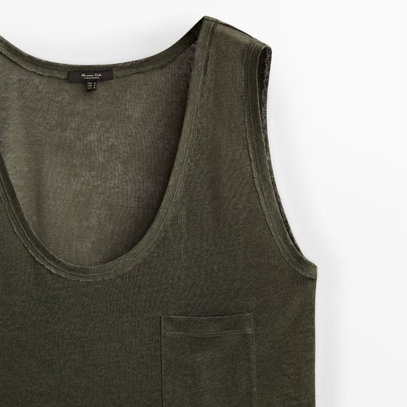 Massimo Dutti 100% Linen Sleeveless Top Oversized Coated Tee Pocket Khaki Green - Picture 5 of 15